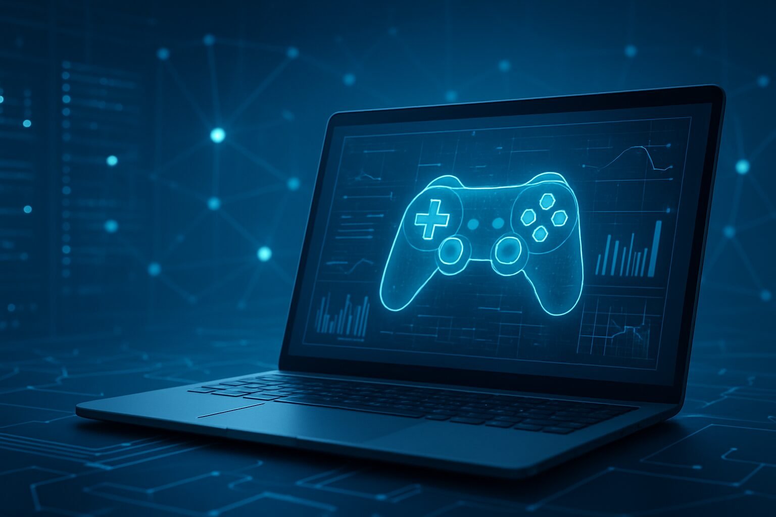 A laptop displaying a glowing game controller on its screen, set against a blue digital background.